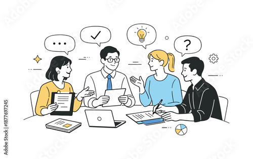 Teamwork and Collaboration. Professional team discussion. Colleagues sharing viewpoints with speech bubbles and documents. Respectful dialogue and thoughtful