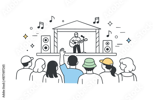 Festival Music Vibes. Festival crowd enjoying music. People facing a simple stage with speakers and notes floating around, calm excitement and collective