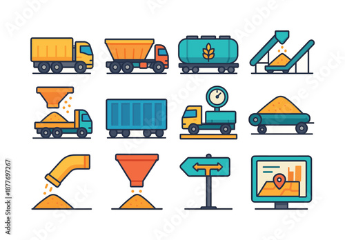 Grain Transport Icons. Grain transportation. Colorful flat vector icons set of grain transportation: grain trucks, hopper trailers, rail cars, conveyor