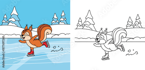 Cute cartoon squirrel ice skating on frozen pond wearing red skates, vector illustration of happy funny animal character enjoying winter sports in nature for holiday design.