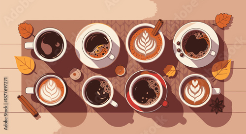 Assorted Coffee Cups with Designs and Saucers.