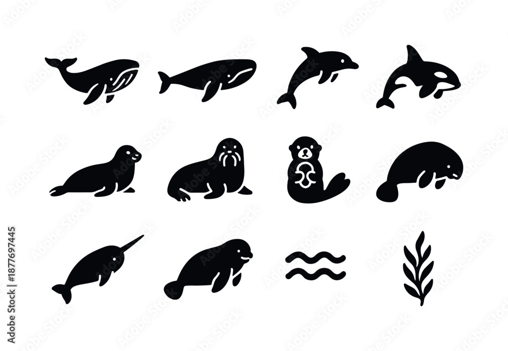 Obraz premium Ocean Mammals Icon Set. Ocean wildlife mammals. Solid icon set of ocean wildlife mammals: humpback whale, blue whale, dolphin, orca, seal, walrus, sea otter,