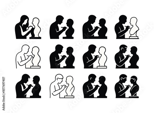 Sculptor Logo Variations. Sculptors shaping their creations. Icon set. Set Logo of Sculptors shaping their creations: artist shaping clay. harmonious logo