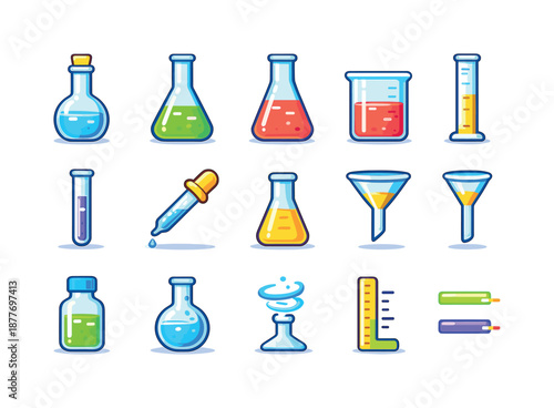 Colorful Lab Glassware Icons. Lab Glassware. Colorful flat vector icons set of Lab Glassware: volumetric flask, Erlenmeyer flask, beaker, graduated cylinder,