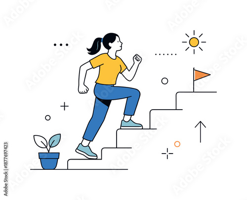 Woman's Determined Ascent. Strong women concept illustration. A woman climbing simple abstract steps, moving upward with focus and determination. A positive