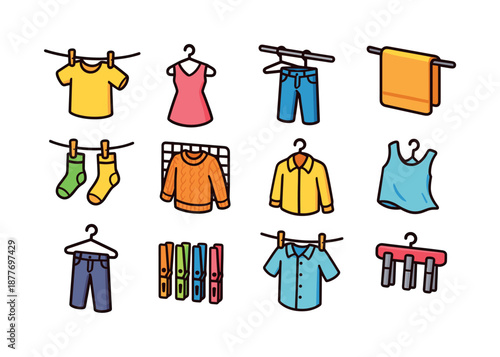Colorful Hanging Clothes Icons. Hanging clothes. Colorful isometric vector icons set of hanging clothes: t-shirt on line, dress on hanger, jeans on rack, towel