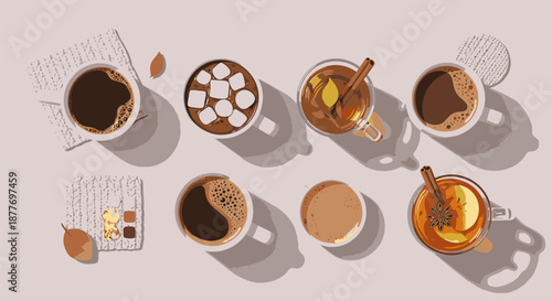 Assorted Coffee Mugs with Various Beverages.