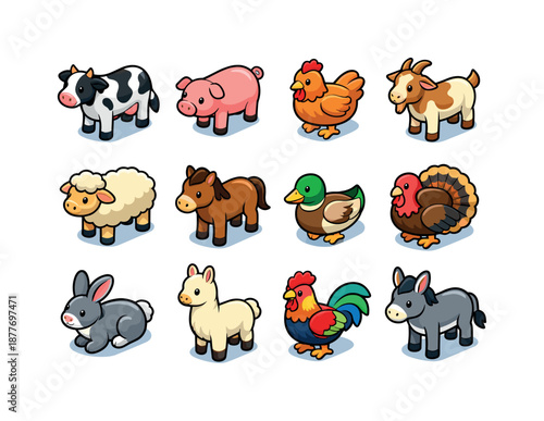 Colorful Farm Animal Icons. Farm animals. Colorful isometric vector icons set of farm animals: cow, pig, chicken, goat, sheep, horse, duck, turkey, rabbit,