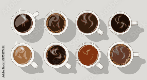 Eight Coffee Cups with Different Coffee Shades.