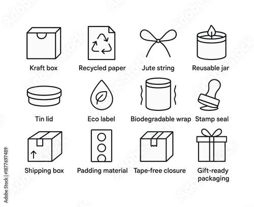 Eco-Friendly Candle Packaging. Sustainable candle packaging. Line icon set of sustainable candle packaging: kraft box, recycled paper, jute string, reusable