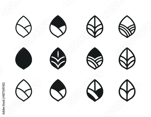 Lush Valley Icons. Lush Valley. Icon set. Set Logo of Lush Valley: valley leaf shape. harmonious logo variations of the same emblematic concept, each with