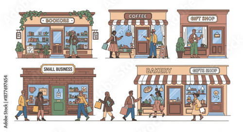 Cartoon Storefronts with People Shopping Outside.