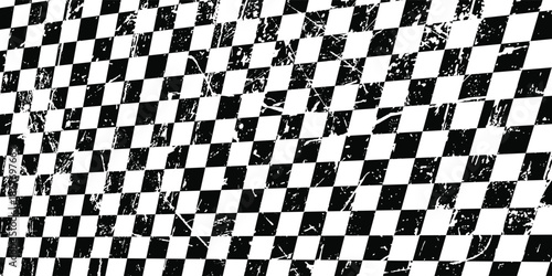 Trippy checkerboard background. Retro psychedelic checkered wallpaper. Wavy groovy chessboard surface. Distorted geometric grid chess pattern. Abstract black and white race flag backdrop. Vector