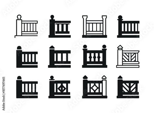 Wooden Deck Icons. A wooden deck. Icon set. Set Logo of a wooden deck: deck railing post icon. harmonious logo variations of the same emblematic concept, each