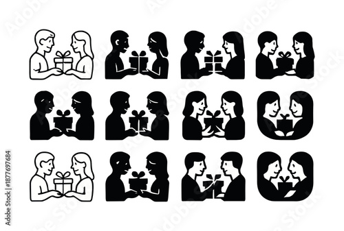 Gift Exchange Icons. happy couple exchanging thoughtful gifts. Icon set. Set Logo of happy couple exchanging thoughtful gifts: surprise box opening. harmonious
