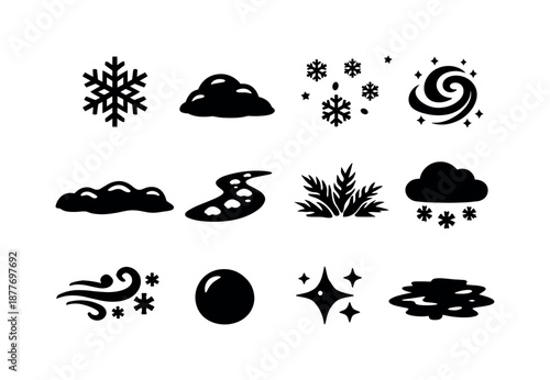Holiday Snow Icons. Holiday snow. Solid icon set of holiday snow: snowflake, snow pile, falling flakes, icy swirl, snow drift, snow trail, frost pattern, cold