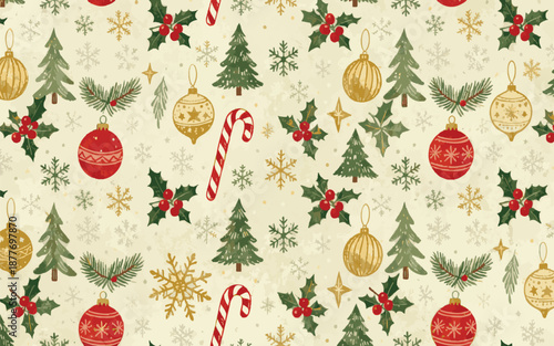 Vintage Christmas Seamless Pattern - Hand-Drawn Retro Holiday Background withPrint