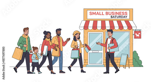 Diverse Group Walking Past Small Business Storefront.