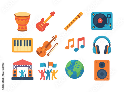 Global Music Icons. Global music culture. Colorful flat vector icons set of Global music culture: cultural drum, electric guitar, traditional flute, dj