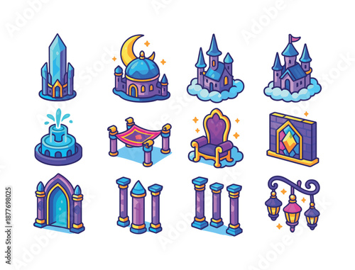 Fantasy Palace Icons. Fantasy palace. Colorful isometric vector icons set of fantasy palace: crystal tower, moonlight dome, floating palace, enchanted spire,