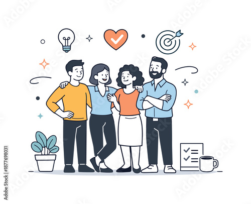 Harmonious Office Teamwork. Positive office teamwork culture. Group of colleagues standing together with relaxed posture, sense of trust and cooperation.