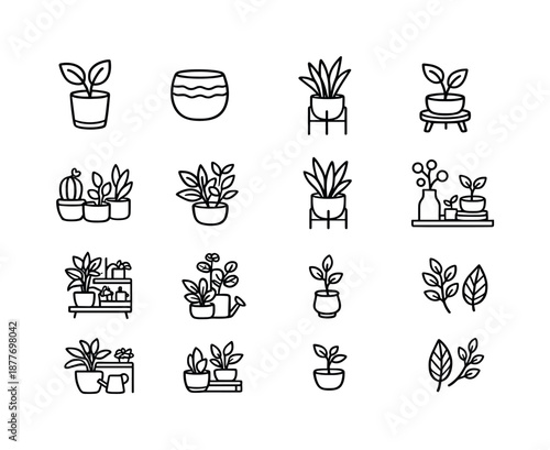 Indoor Plant Icon Set. Indoor Plant Decor. Line icon set of Indoor Plant Decor: houseplant in pot, decorative ceramic pot, floor standing plant, table plant,