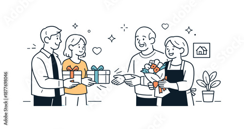 Thoughtful Family Visit. Visiting relatives with gifts. Guests handing over small presents, thoughtful gestures and warm family tradition. Minimalist flat