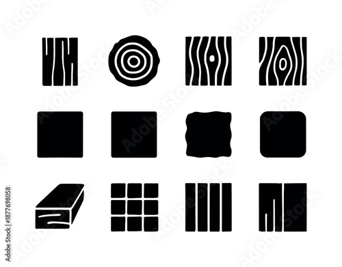 Wood Texture Icons. Wood textures. Solid icon set of wood textures: straight grain plank, crosscut wood circle, wave grain pattern, knot pattern, dark stain