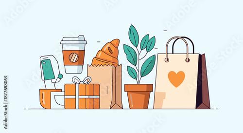 Assorted Items Including Coffee and Shopping Bags.