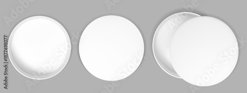 3d circle gift box inside white top view mockup. Blank corporate round package mock up with shadow. Realistic empty cardboard case for secret makeup showcase template design set on background