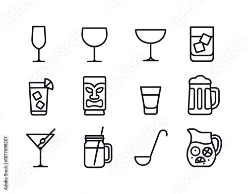 Celebration Drinkware Icons. Party drinks. Line icon set of celebration drinkware: champagne flute, wine goblet, cocktail coupe, rocks glass, highball glass,