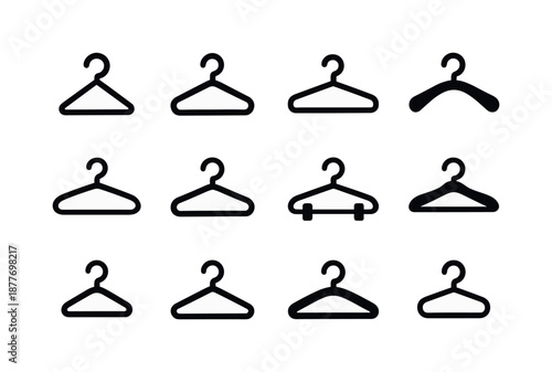 Hanger Icon Collection. Hanger shapes. Solid icon set of hanger shapes: triangle hanger, curved hanger, flat hanger, wide bar hanger, slimline hanger, round