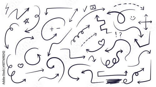 Set of hand drawn arrows. Doodle elements. Isolated vector illustration.