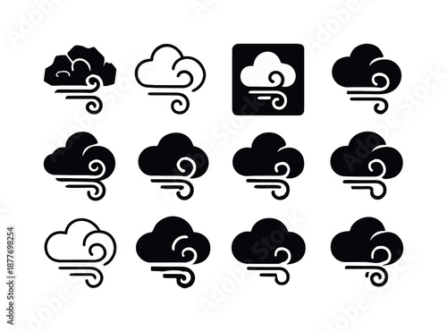 Stormy Cloud Emblem Set. stormy clouds. Icon set. Set Logo of stormy clouds: swirling wind. harmonious logo variations of the same emblematic concept, each