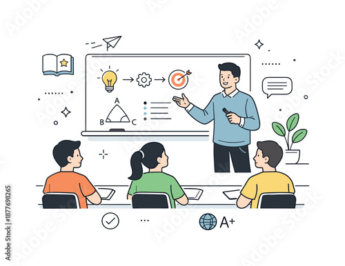 Teacher's Clarifying Diagrams. Education with instructor. Teacher standing near a board explaining concepts to students, using simple diagrams and notes. Calm