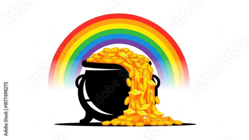 Pot of Gold Coins Overflowing under Rainbow, Isolated on White Background