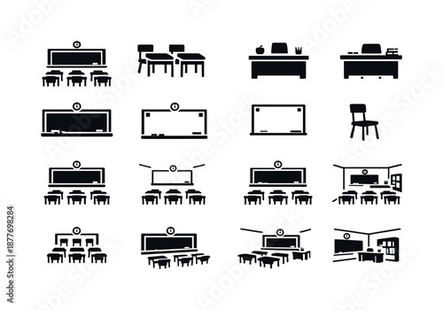 School Classroom Icons. School Classroom. Solid icon set of School Classroom: classroom interior, student desks, teacher desk, chalkboard,