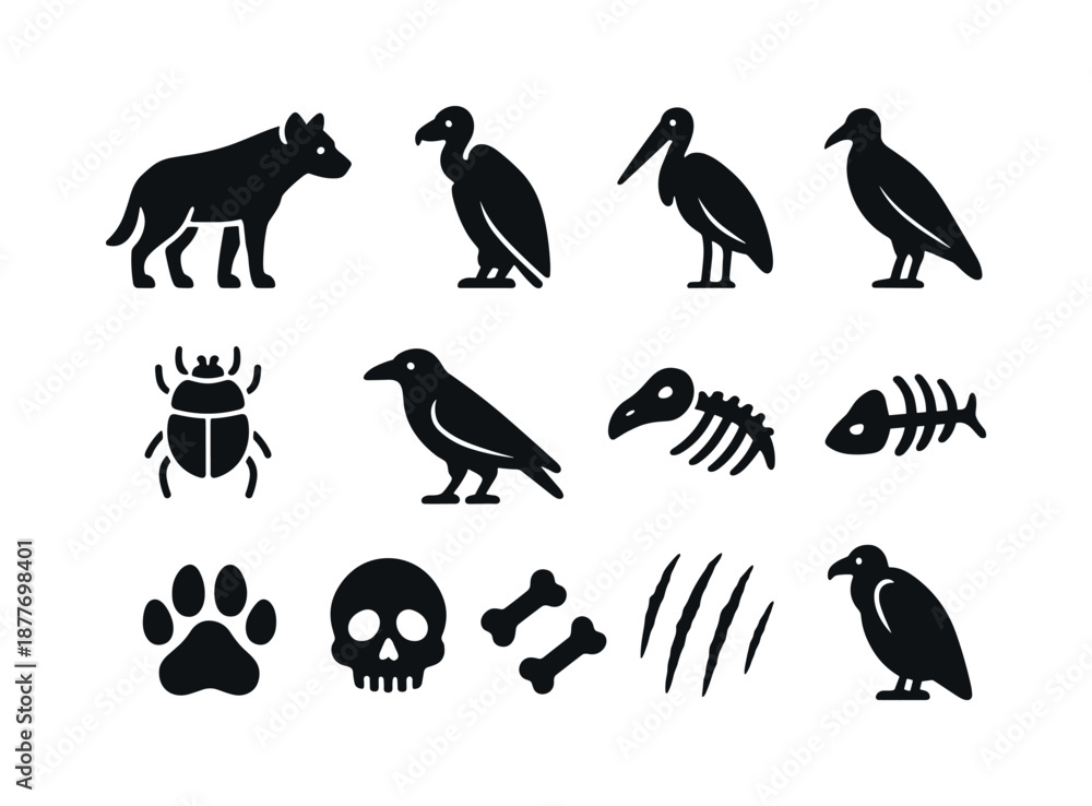 Obraz premium Savanna Scavenger Icons. Savanna Scavengers. Solid icon set of Savanna Scavengers: hyena, vulture, jackal, marabou stork, dung beetle, crow, bones icon,