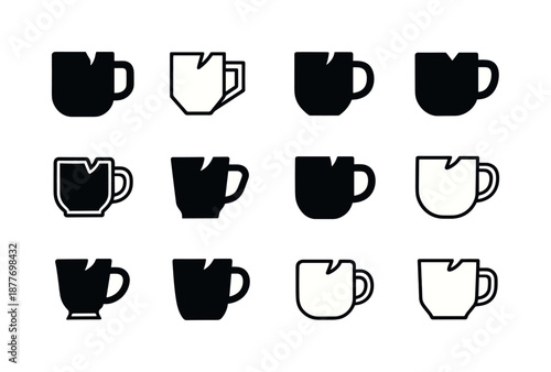 Chipped Mug Icons. Chipped Mug. Icon set. Set Logo of chipped mug: imperfect pottery shard. harmonious logo variations of the same emblematic concept, each