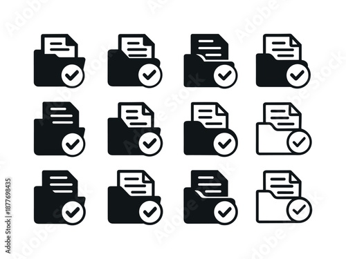 Job Contract Icons. Job contract. Icon set. Set Logo of Job contract: Contract folder: Abstract geometric, Symmetrical form, Filled silhouette, Minimal