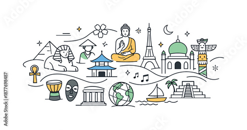 Connected Cultures Illustration. Cultural heritage flat design. Abstract landmarks and symbols from different cultures connected by soft lines, representing