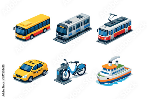 Public Transport Icons. Public transport. Isometric flat vector icons set of public transport: city bus, subway train, tram, taxi, bicycle sharing bike, ferry