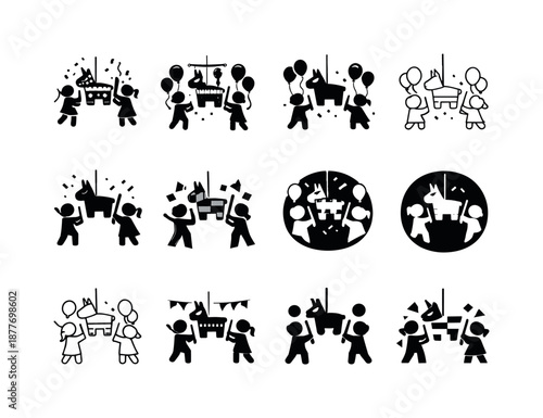 Birthday Party Icons. Kids at a birthday party. Icon set. Set Logo of kids at a birthday party: pinata. harmonious logo variations: Stylized detail,