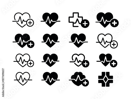 Medical Timeline Icons. Timeline of medical treatment. Icon set. Set Logo of timeline of medical treatment: continuous care flow. harmonious logo variations of