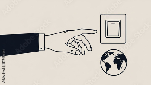 Hand Pressing Button Near Globe Illustration
