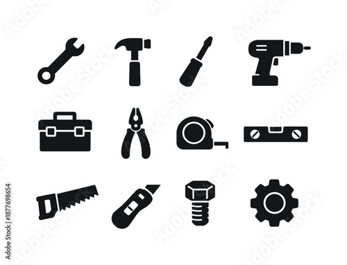 Manual Tools Icon Set. Hands-on job. Solid icon set of manual labor tools: wrench, hammer, screwdriver, drill, toolbox, pliers, tape measure, level tool, hand