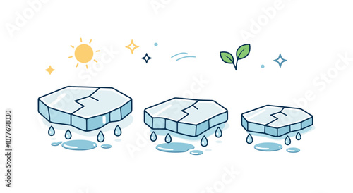 Thawing Ice Illustration. Ice thawing illustration. Minimal cracked ice shapes with small water drops forming underneath, conveying the transition from winter