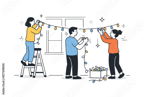 Decorating with Care. Hanging Christmas lights. People carefully placing lights along a wall or window, working together calmly. Cozy seasonal preparation and
