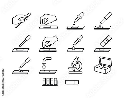 Slide Prep Icons. Slide Preparation Steps. Line icon set of Slide Preparation Steps: sample collection, sample placement, adding drop, placing cover slip,