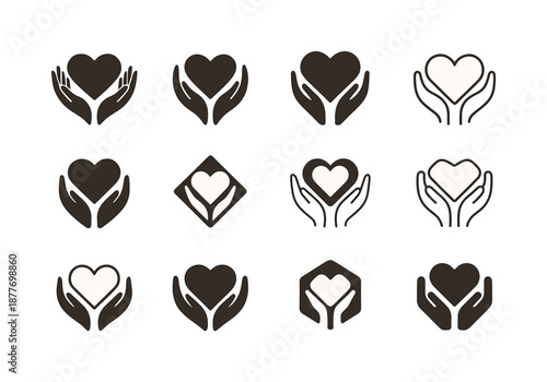 Therapeutic Touch Logos. Therapeutic touch. Icon set. Set Logo of therapeutic touch: heart-centered healing. harmonious logo variations: Stylized detail,
